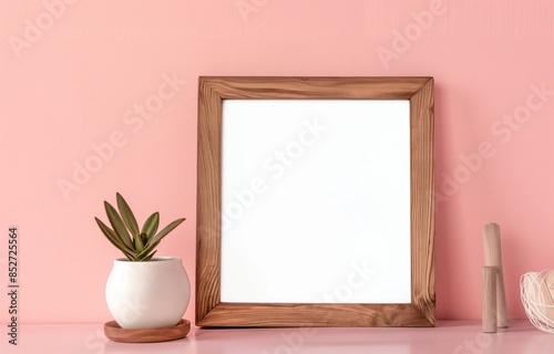 Home interior poster mock up with horizontal metal frame, succulents in basket and pile of books on white wall background. 3D rendering.