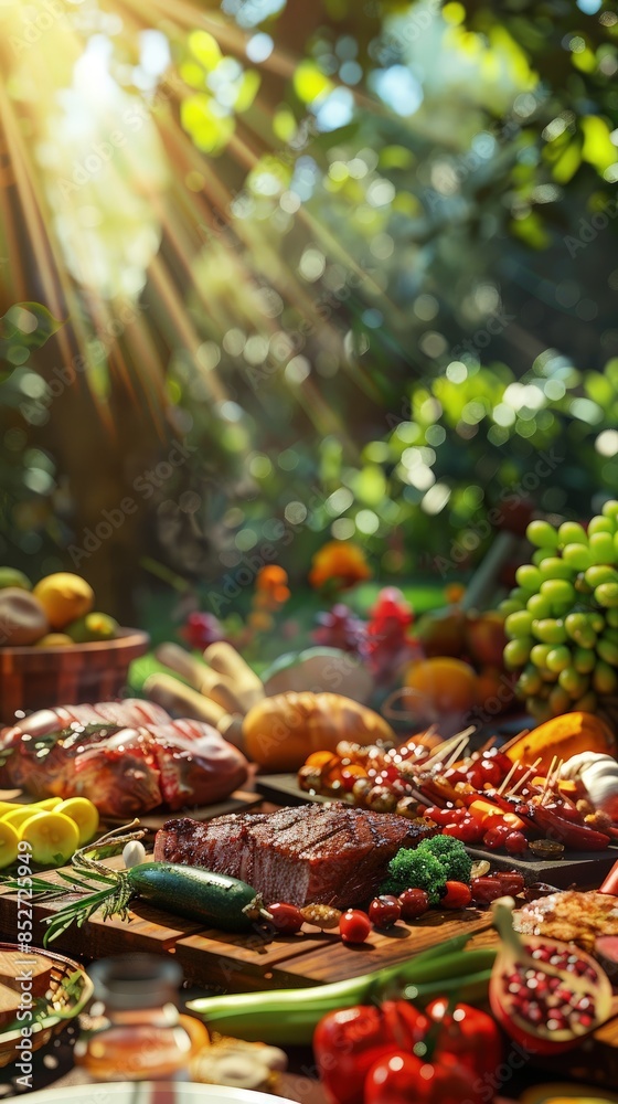 A table full of food with a bright sun shining on it, barbecue grill, bbq background. A table full of food with a bright sun shining on it, barbecue grill, bbq background.