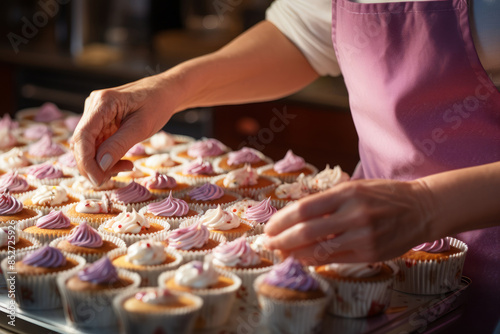 Confectioner and cupcakes, homemade pastry