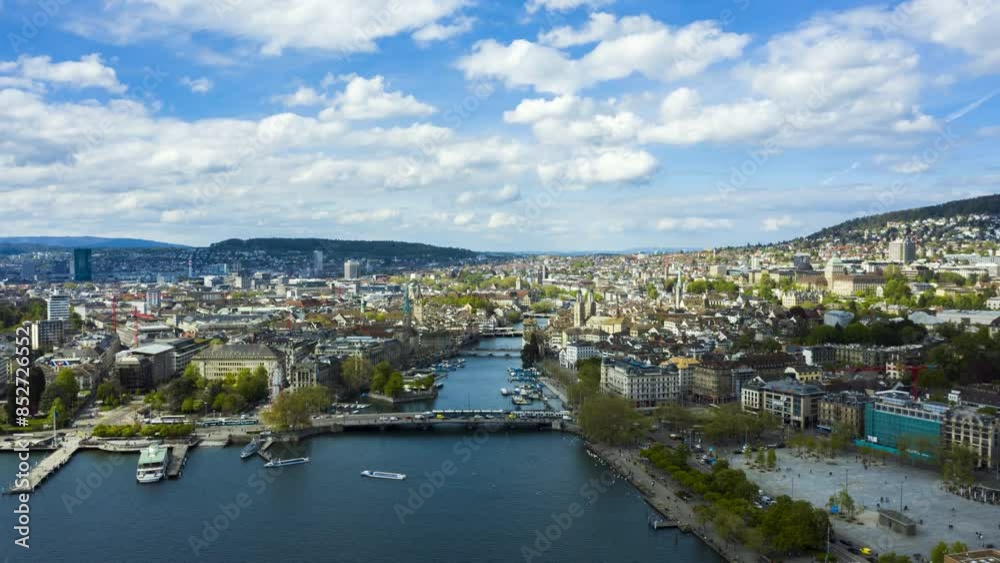 Zurich City Old Town Skyline and Limmat River on Sunny Day. Switzerland. Aerial Hyper Lapse, Time Lapse. Drone Moves Forward Zurich City Old Town Skyline and Limmat River on Sunny Day. Switzerland. Aerial Hyper Lapse, Time Lapse. Drone Moves Forward