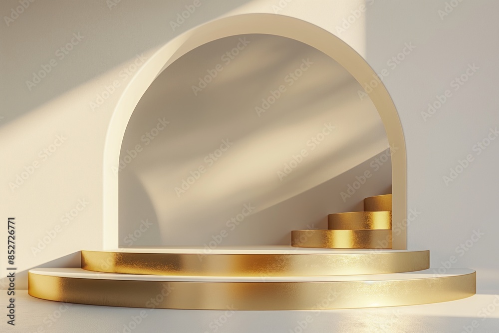Obraz premium 3D display podium, white background with pedestal and gold color metal wave. Nature wind. Beauty, cosmetic product presentation stand. Luxury feminine mockup 3d render advertisement