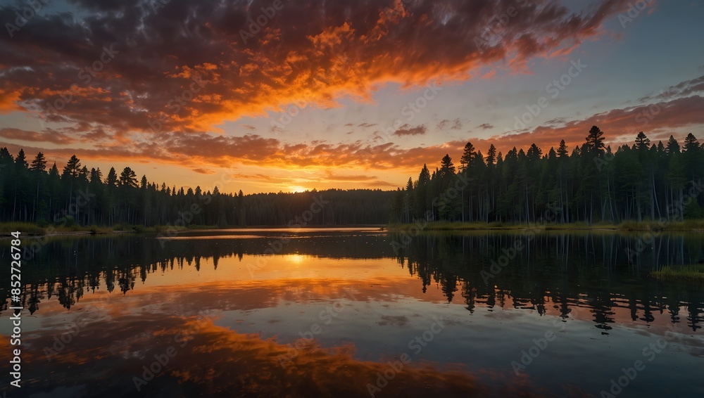 Fototapeta premium A vivid sunset over a tranquil lake nestled among towering pine forests ai_generated