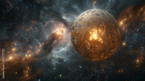 Dyson sphere concept. Alien civilization around a distant star. Megastructure. A breathtaking image of a glowing golden sphere floating in a mysterious, vibrant space environment.