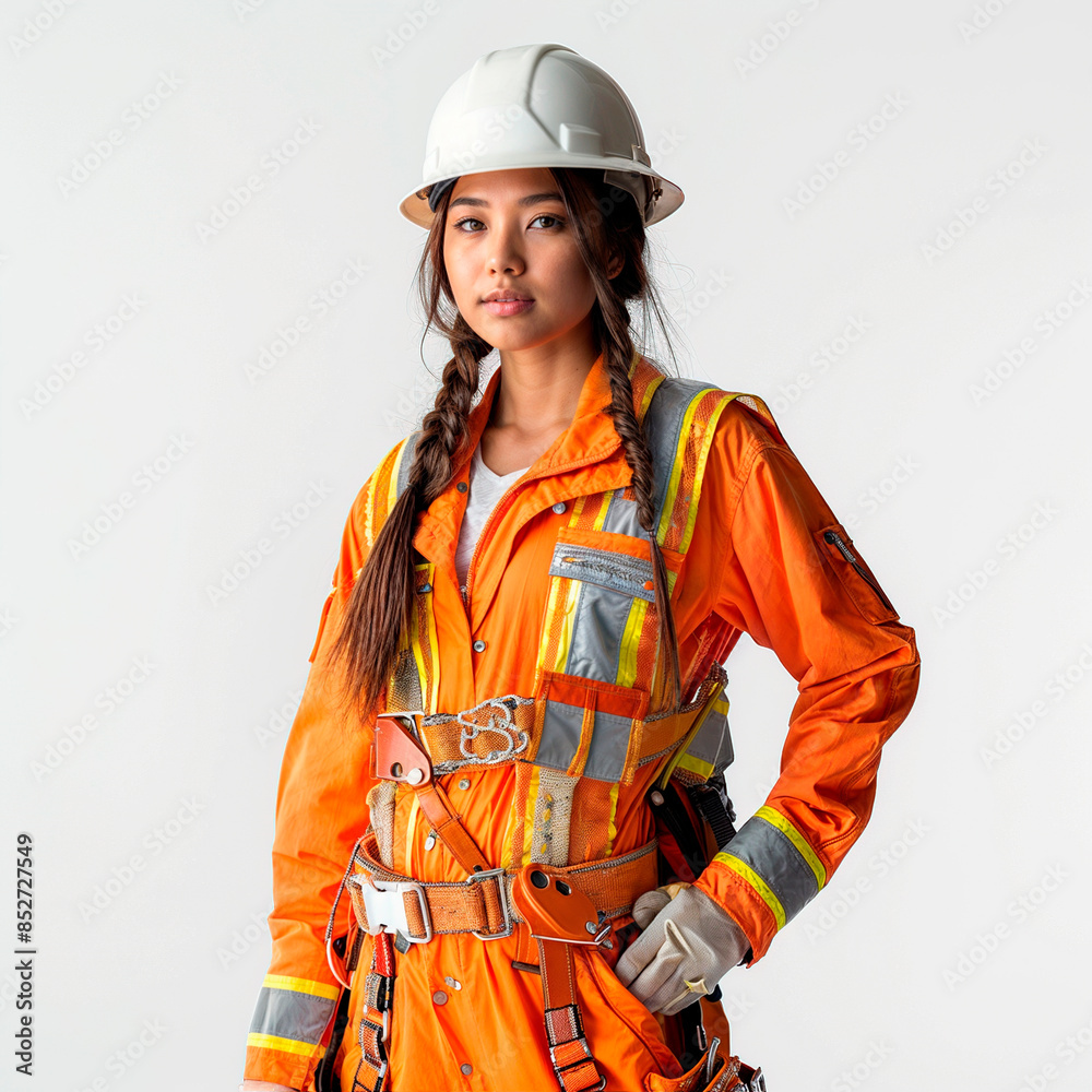 Female Construction Worker in Orange Safety Gear Female Construction Worker in Orange Safety Gear