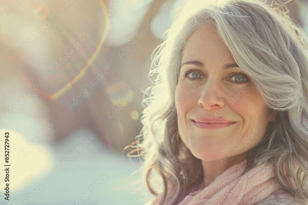 Obraz premium Soft Sunlit Portrait of a Graceful Woman with Grey Silver Hair and Warm Smile