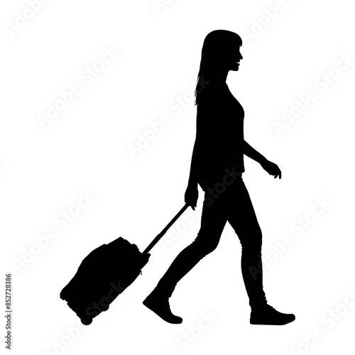 Young woman walking with luggage bag side view black silhouette.