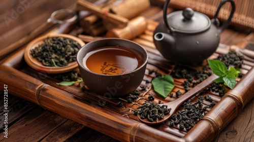 A rustic setting with a cup of oolong tea, a teapot, and traditional Chinese tea utensils on a wooden tray photo