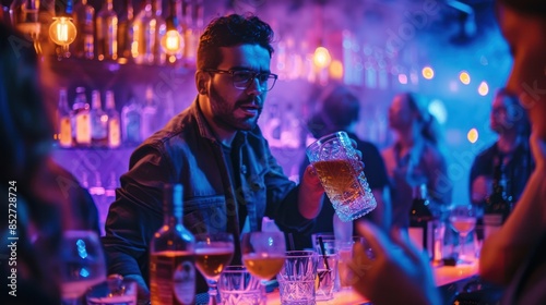 A stylish party scene with a bartender shaking a whiskey cocktail, surrounded by lively guests and vibrant lighting