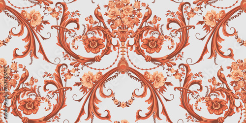 Baroque seamless pattern with bouquet of roses and peonies, floral motif and peacocks