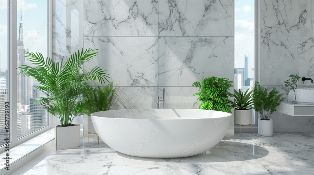 Luxurious white bathroom featuring marble tiles, a round freestanding bathtub, green potted plants, and floor-to-ceiling windows with bright natural light, 3D ing,