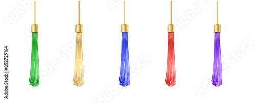 Tassel. Vector fringe or handbag accessory, graduate hat isolated on white background. Multicolor 3d rope with tassel, hanging window curtain decoration element design