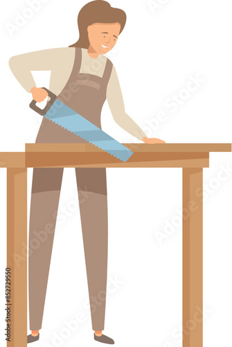 Carpenter woman sawing wood plank using hand saw at workshop