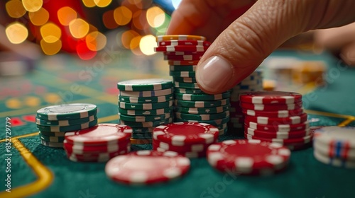 Hands stacking poker chips on a green casino table, detailed, vibrant colors, highstakes gambling environment, closeup and dynamic 8K , high-resolution, ultra HD,up32K HD