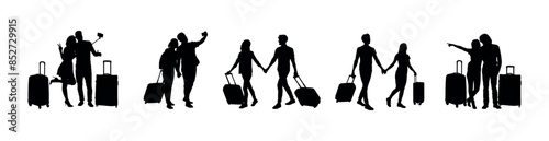 Couple tourists traveling carrying luggage black silhouette set.