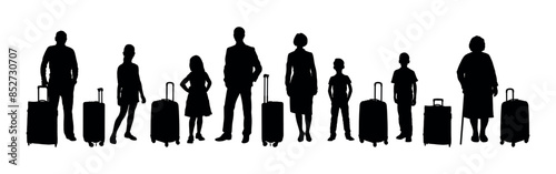 Family standing with suitcases holiday traveling portrait silhouettes set. People all ages with luggage posing together looking at camera black silhouette.