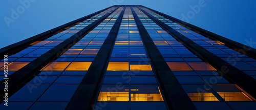 High-rise building featuring modern architecture, glass facade, and blue sky backdrop in a busy urban area