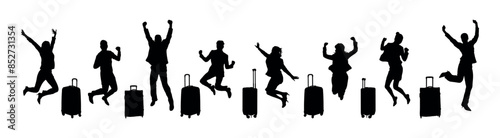 Happy people exciting going on holiday traveling jumping with suitcases silhouette set.