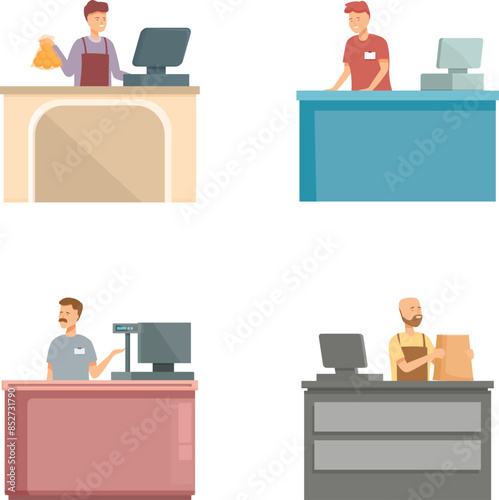 Collection of four illustrations showcasing cashiers working at various retail counters