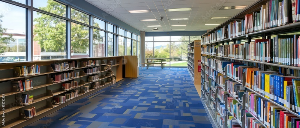 Shelves filled with books and literature, providing an educational haven for students Shelves filled with books and literature, providing an educational haven for students