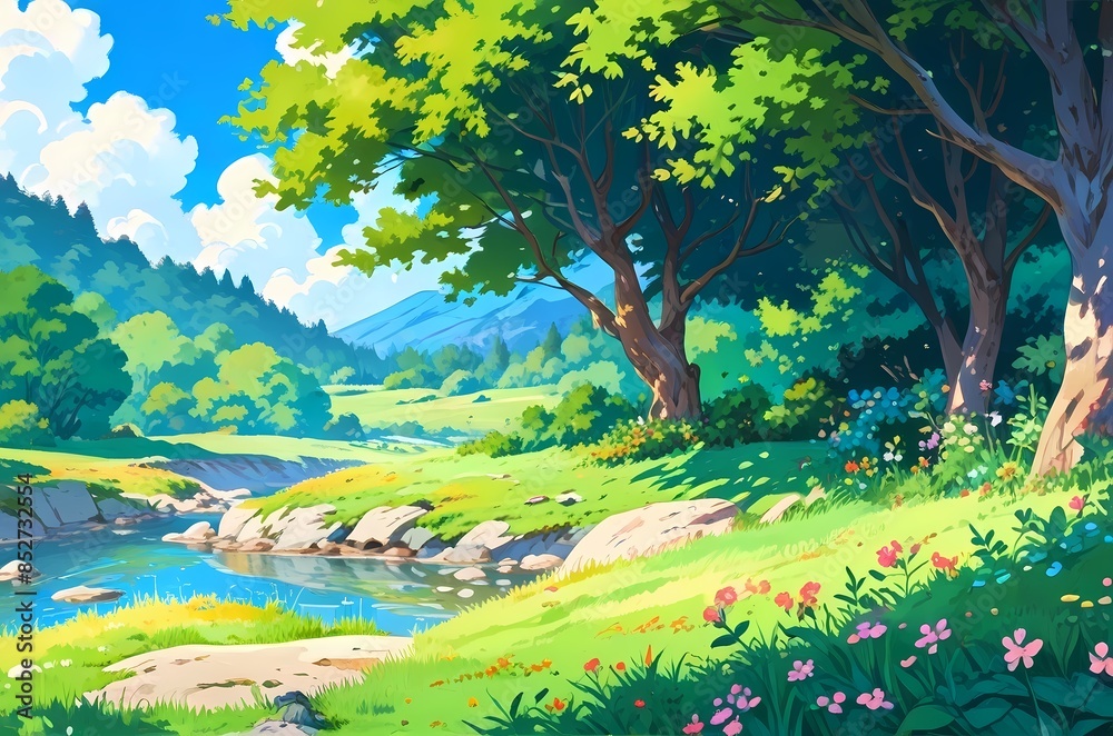Fototapeta premium Lake landscape, grass field Anime style flat illustration, lo-fi background