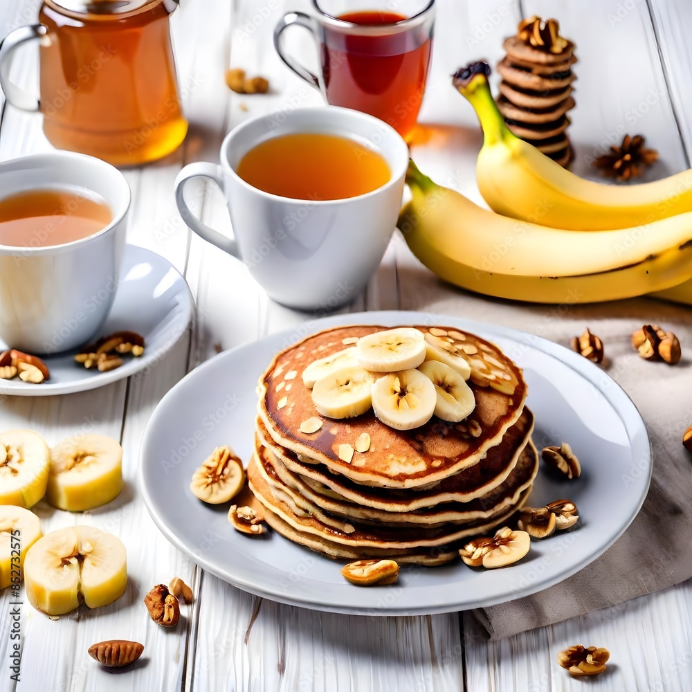 Delicious breakfast having pancakes with banana and cups of tea on table. Delicious breakfast having pancakes with banana and cups of tea on table.