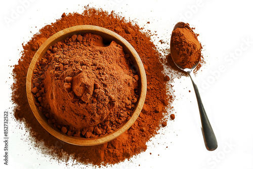 Cocoa powder in wooden bowl with a spoon, top view, front view, isolated on transparent background. Generative AI 