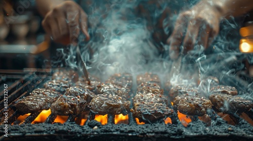 Grill Master at Work: A shot of a person grilling, with a focus on their hands flipping steaks and tending to the flames, surrounded by smoke.