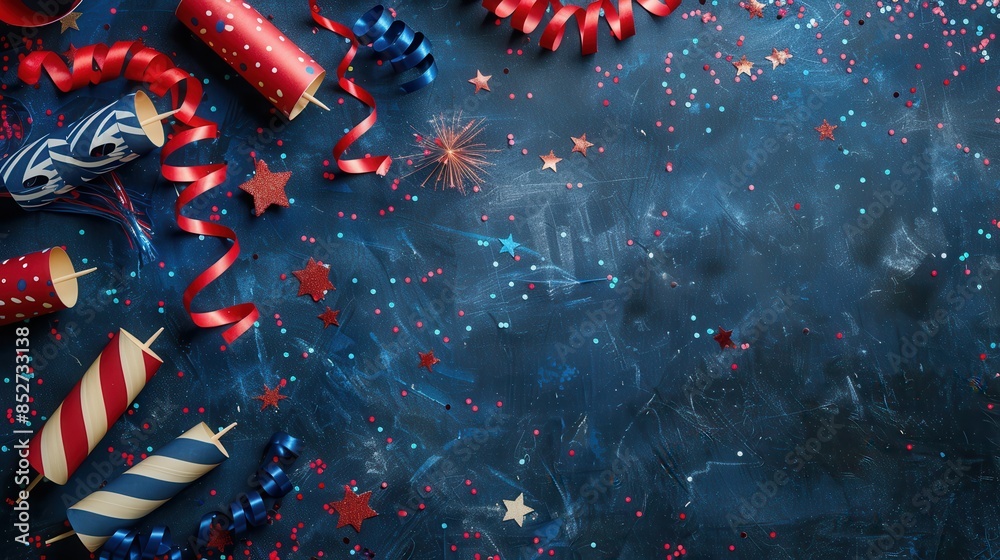 This image shows a blue background with scattered red, white, and blue ...