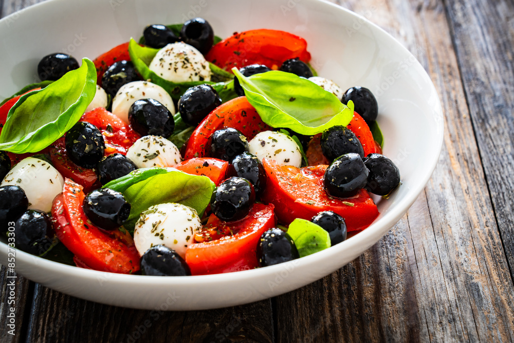 Caprese salad - tomatoes, mozzarella balls and black olives served in white bowl on wooden background
Caprese salad - tomatoes, mozzarella balls and black olives served in white bowl on wooden background