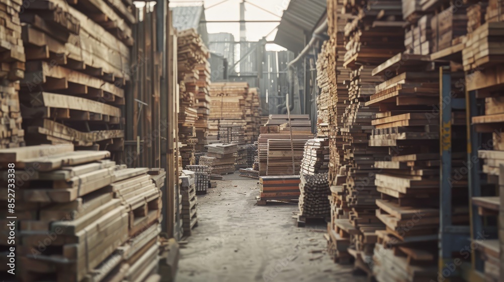 A large pile of wood is stacked in a warehouse. The wood is piled high and is in various sizes A large pile of wood is stacked in a warehouse. The wood is piled high and is in various sizes