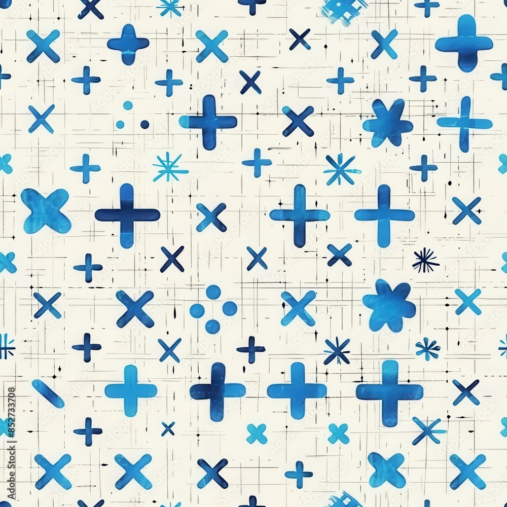 A seamless pattern featuring a white background with a grid overlay. The pattern is filled with various blue watercolor shapes including plus signs, x marks, and small flowers. The pattern is suitable A seamless pattern featuring a white background with a grid overlay. The pattern is filled with various blue watercolor shapes including plus signs, x marks, and small flowers. The pattern is suitable