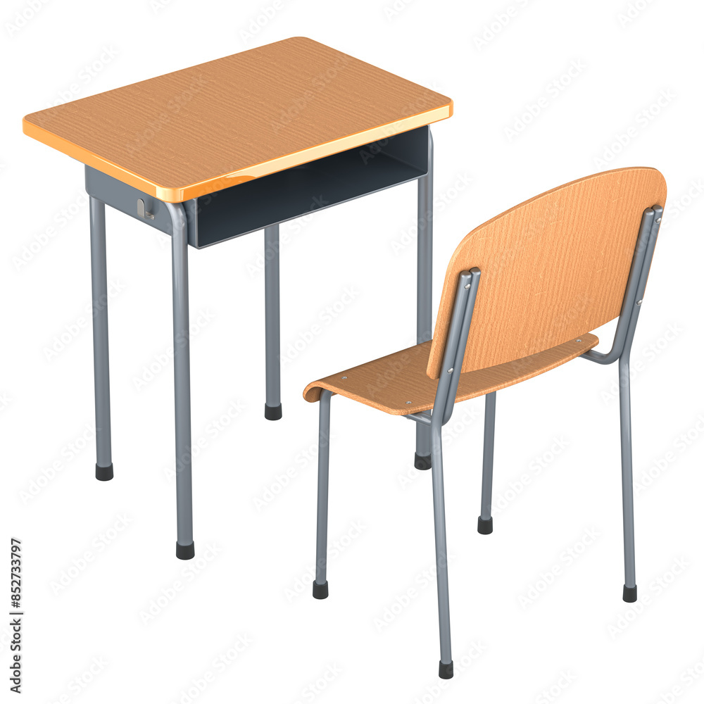 School desk with chair for one student, 3D rendering School desk with chair for one student, 3D rendering
