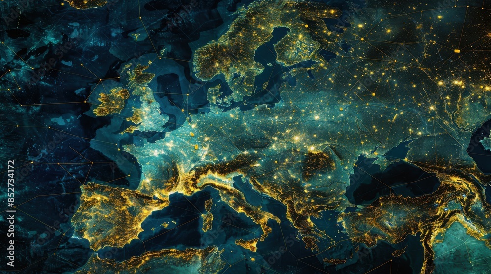Fototapeta premium A nighttime satellite image of Europe, showcasing the sprawling city lights and a network of interconnected lines representing communication and transportation routes. The image highlights the densely