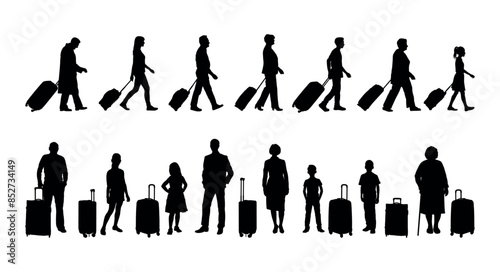 People all ages with suitcases traveling various poses black silhouettes set.