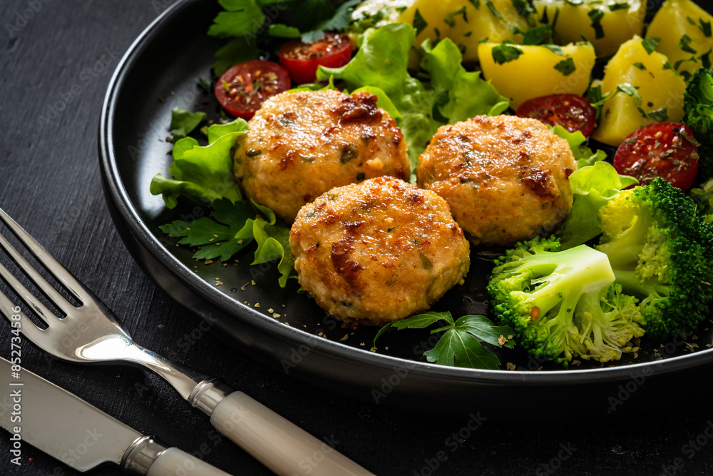 Cooked meatballs, boiled broccoli, boiled potatoes and fresh vegetables on wooden table
Cooked meatballs, boiled broccoli, boiled potatoes and fresh vegetables on wooden table