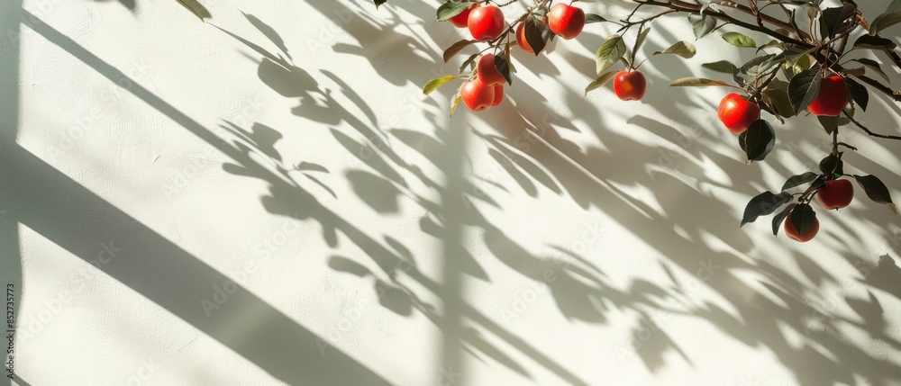 Red apples hanging from a tree, casting distinct shadows on a white wall backdrop Red apples hanging from a tree, casting distinct shadows on a white wall backdrop