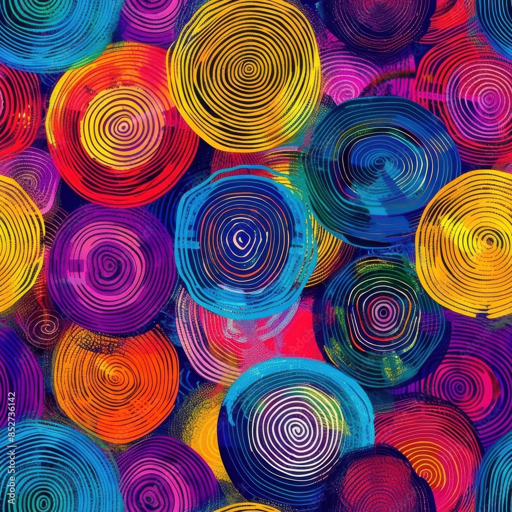 This digital art piece features a vibrant and energetic abstract pattern made up of overlapping colorful circles. Each circle is filled with intricate swirls that create a sense of movement and depth. This digital art piece features a vibrant and energetic abstract pattern made up of overlapping colorful circles. Each circle is filled with intricate swirls that create a sense of movement and depth.