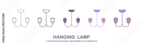 Hanging lamps, set. Chandeliers, lamps, bulbs - elements of modern interior, beautiful icon collection. Vector illustration isolated