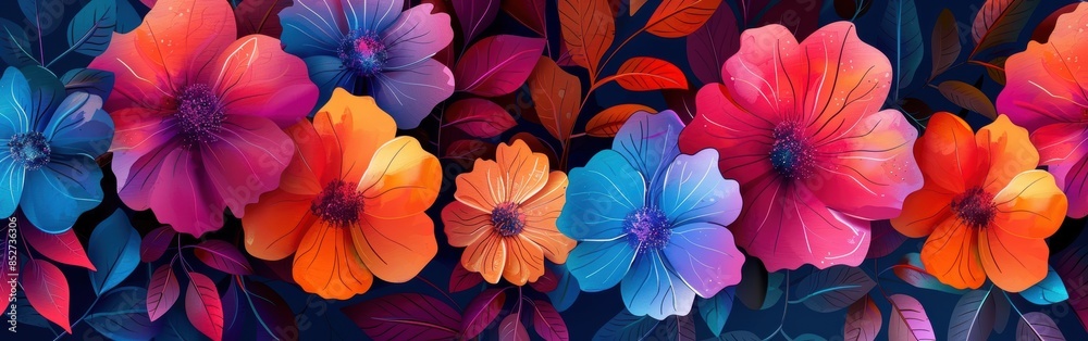 A close-up image showcases a vibrant watercolor painting depicting a collection of colorful flowers in full bloom. The flowers are arranged in a horizontal row, with various shades of pink, red, orang A close-up image showcases a vibrant watercolor painting depicting a collection of colorful flowers in full bloom. The flowers are arranged in a horizontal row, with various shades of pink, red, orang
