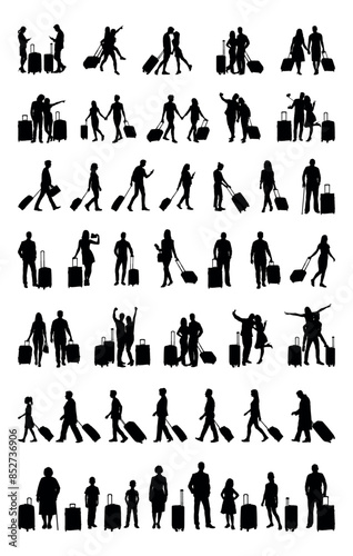 Group travellers all ages with luggage bags in various poses silhouettes set collection.