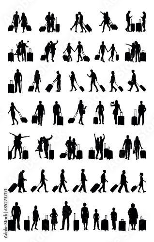 People with suitcases various poses silhouettes set collection.