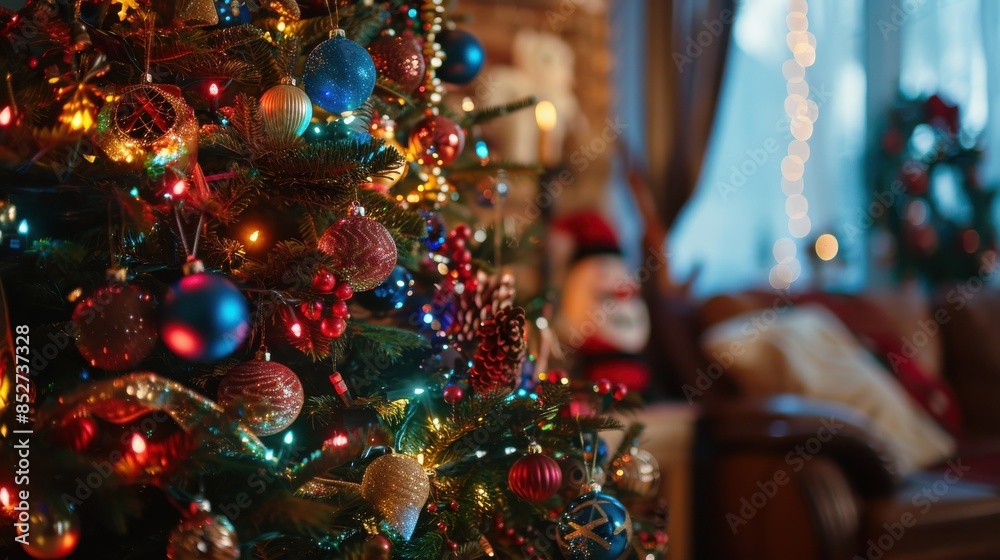 A close-up shot of a decorated Christmas tree adorned with colorful ornaments, twinkling lights, and a festive pine cone. The tree is standing in a cozy living room, with a blurry background of a leat A close-up shot of a decorated Christmas tree adorned with colorful ornaments, twinkling lights, and a festive pine cone. The tree is standing in a cozy living room, with a blurry background of a leat