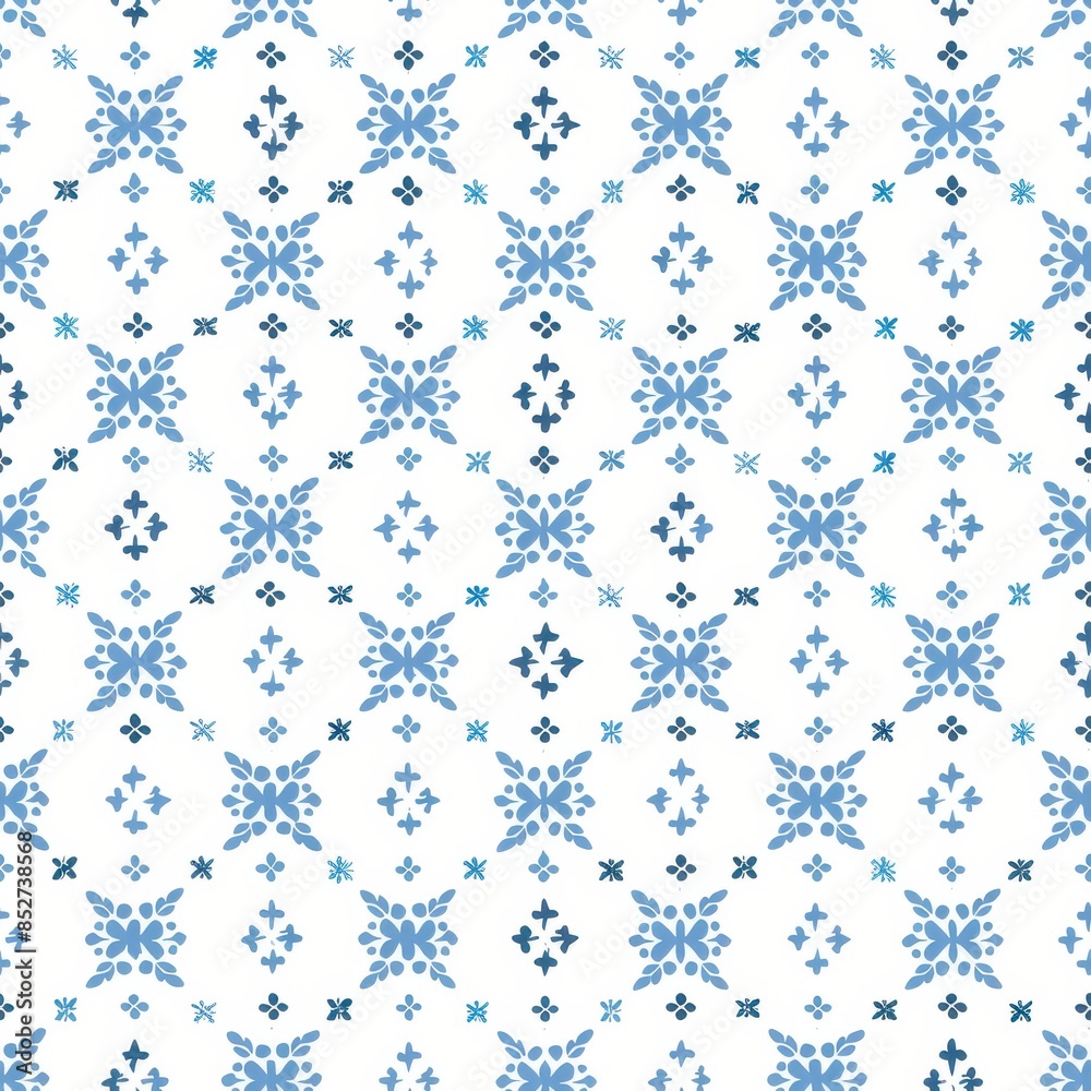 This image shows a seamless repeat pattern of blue and white floral designs on a white background. The pattern is symmetrical and repetitive, with small and large floral motifs in shades of blue. The This image shows a seamless repeat pattern of blue and white floral designs on a white background. The pattern is symmetrical and repetitive, with small and large floral motifs in shades of blue. The
