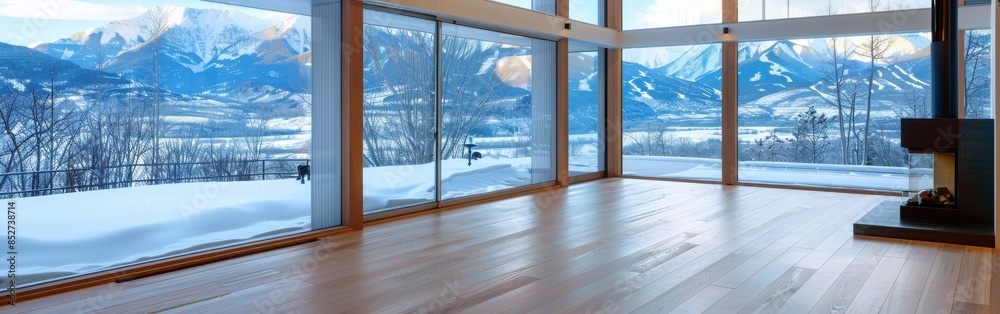 Obraz premium A large open room with a fireplace and a view of the mountains. The room is empty and the windows are open, letting in the cold air