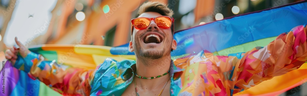 Obraz premium A man wearing a rainbow shirt and sunglasses is holding a rainbow flag. He is smiling and he is happy