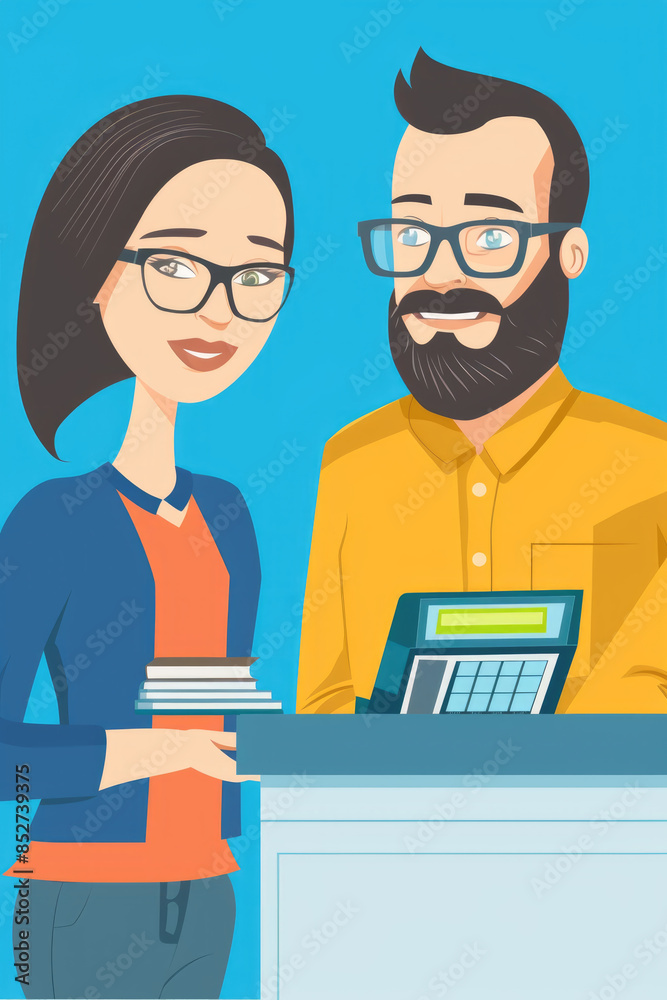 A woman with black hair and glasses hands a stack of books to a cashier with a beard, who is ringing up the purchase A woman with black hair and glasses hands a stack of books to a cashier with a beard, who is ringing up the purchase
