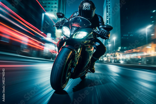 Stock minimalist photography of a man on a motorbike track riding at high speed against the bright lights of a night city