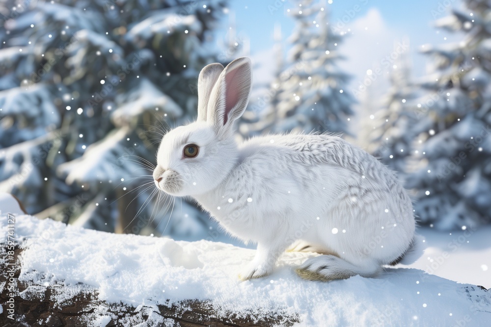 A white rabbit perched on a snow-covered log in a winter wonderland, with snowflakes gently falling around it. The rabbit?? fur blends seamlessly with the pristine snow, but its bright eyes. A white rabbit perched on a snow-covered log in a winter wonderland, with snowflakes gently falling around it. The rabbit?? fur blends seamlessly with the pristine snow, but its bright eyes.