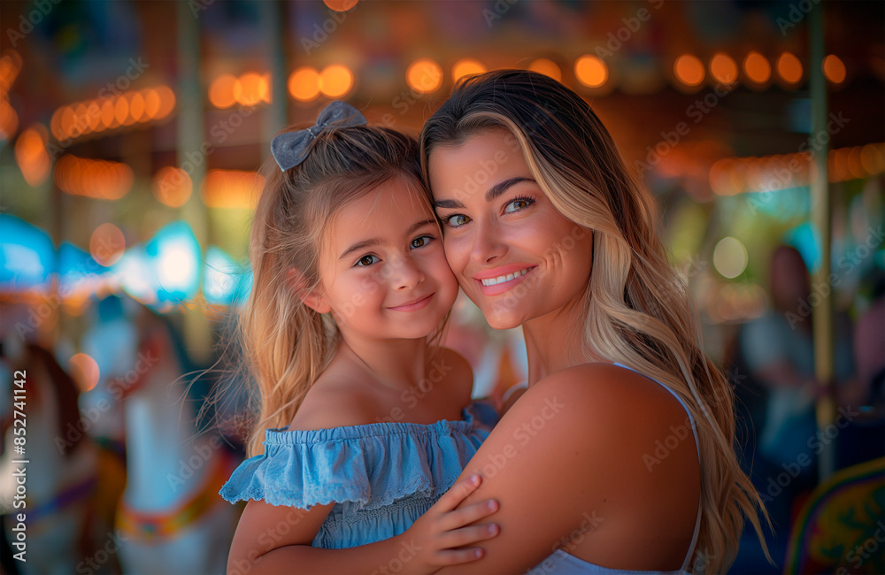 Happy portrait of a mom and daughter at a fun fair, family moments, family vacation Happy portrait of a mom and daughter at a fun fair, family moments, family vacation