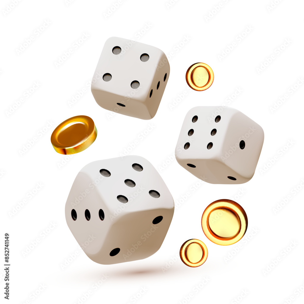 Falling dice with coins. 3D gambling and game design. Falling dice with coins. 3D gambling and game design.